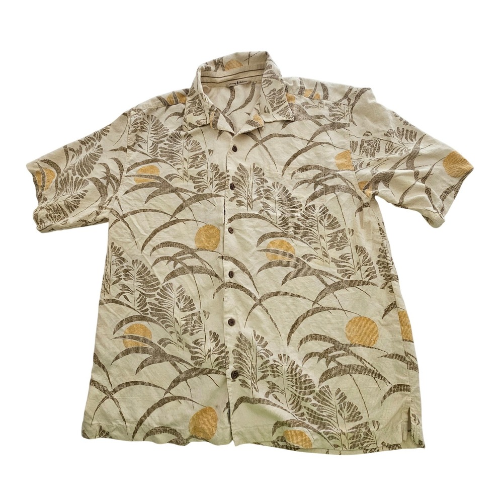 Tommy Bahama Mens Large 100%‎ Silk Tropical Palm Camp Shirt Tan Yellow T32025